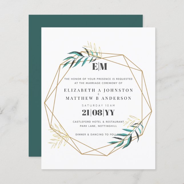 Papier Budget Greenery Gold Mariage géométrique Invite (Devant / Derrière)