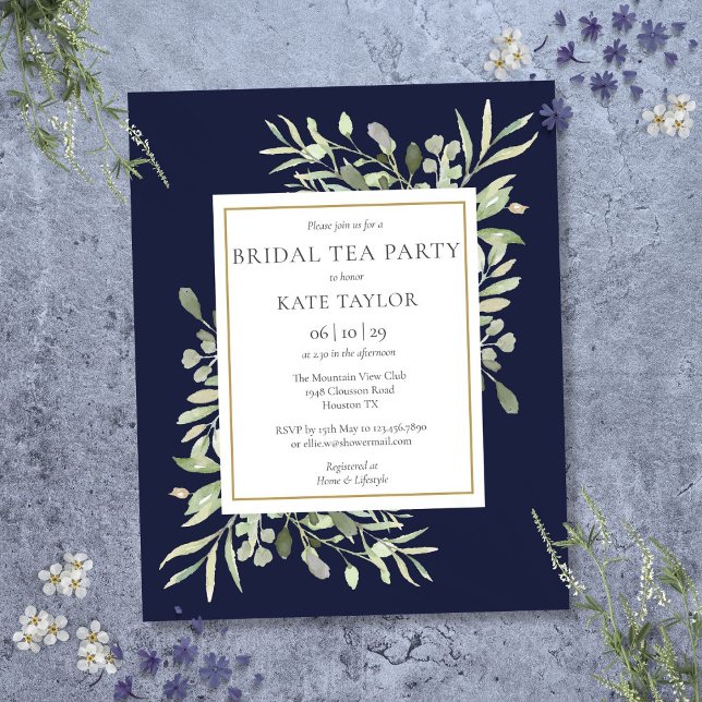 Papier Budget Greenery Marine Blue Bridal Tea Party Invit (Budget Greenery Navy Blue Bridal Tea Party Invite)