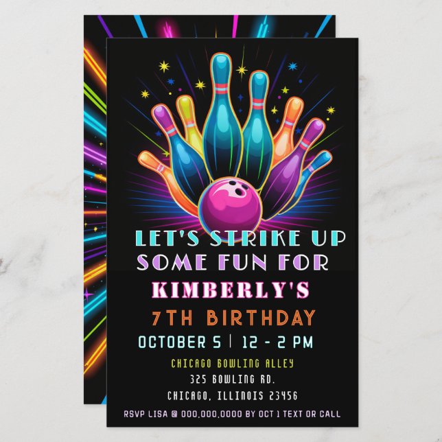 Papier Budget Grève Neon Glow Bowling Anniversaire (Devant / Derrière)