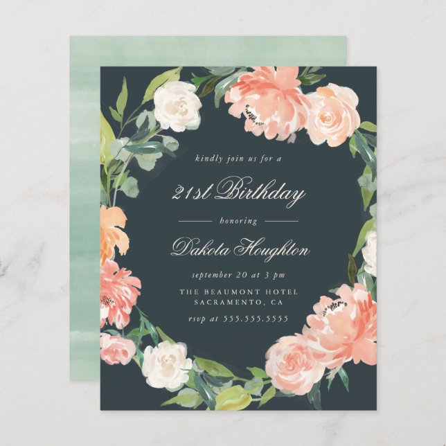 Papier Budget Grey Blush Aquarelle Florale Anniversaire (Devant / Derrière)