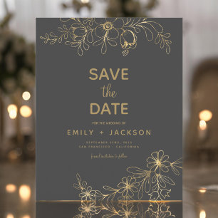Papier Budget Grey Enregistrer la date Floral Gold Foil