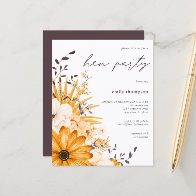 Papier Budget Grey Jaune Floral Hen Party Invitation (Devant/Arrière en situation)