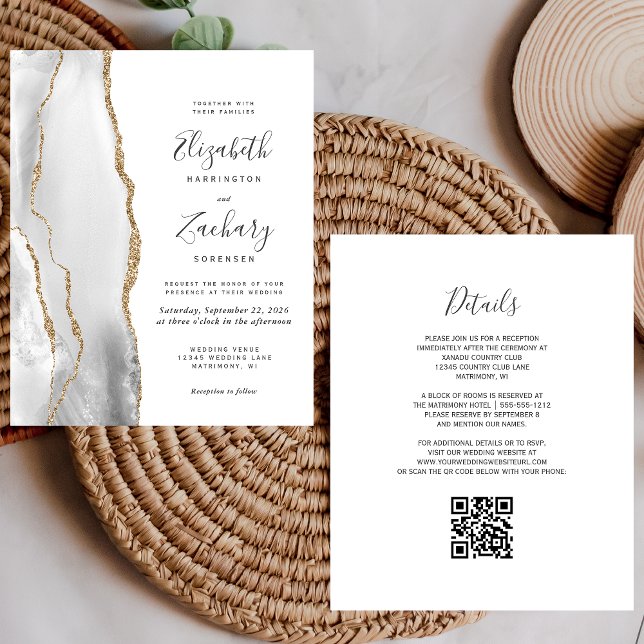 Papier Budget Grey White Gold Agate QR Code Mariage (Créateur téléchargé)