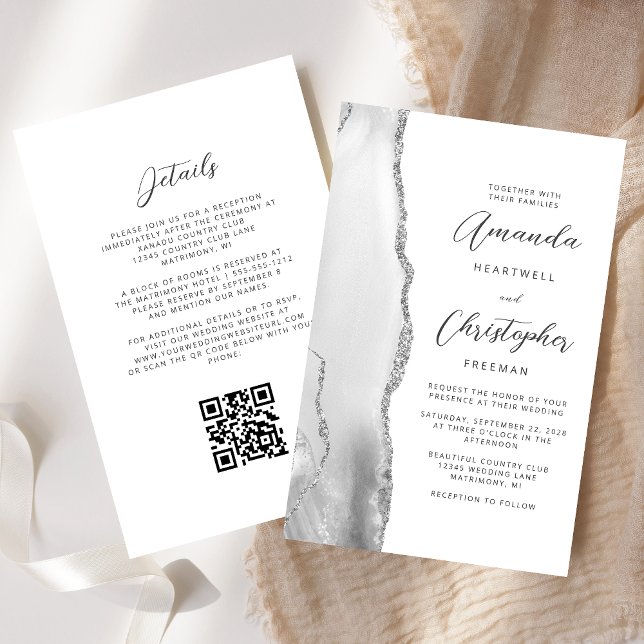 Papier Budget Grey White Silver Agate QR Code Mariage (Créateur téléchargé)