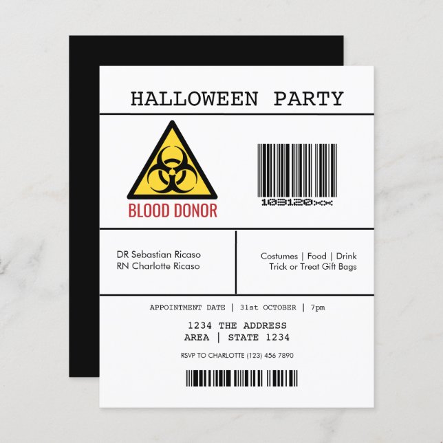 Papier BUDGET Halloween Partie Donateur de sang dangereux (Devant / Derrière)