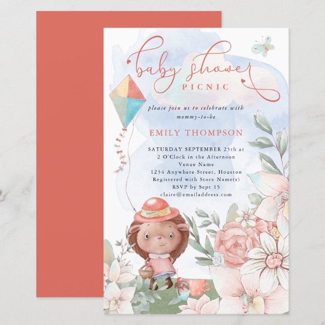 Papier Budget Hedgehog fille Baby shower pique-nique Invi (Devant / Derrière)