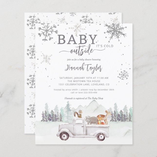 Papier Budget Hiver Baby shower des bois Invitation (Devant / Derrière)