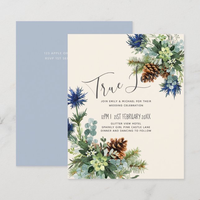 Papier BUDGET Hiver Bleu Chardon Mariage Eucalyptus (Devant / Derrière)