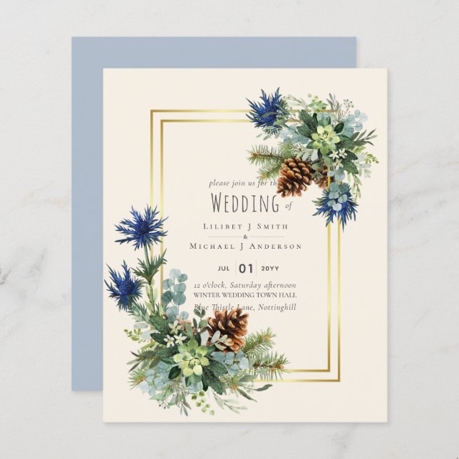 Papier BUDGET Hiver Bleu Chardon Mariage Invite (Devant / Derrière)