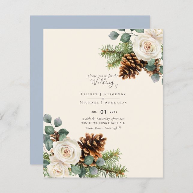 Papier BUDGET Hiver Eucalyptus Pine Cônes Mariage (Devant / Derrière)