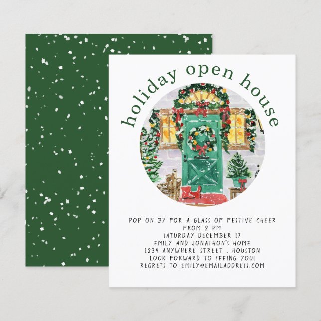 Papier Budget Holiday Open House Party Invitation vert (Devant / Derrière)