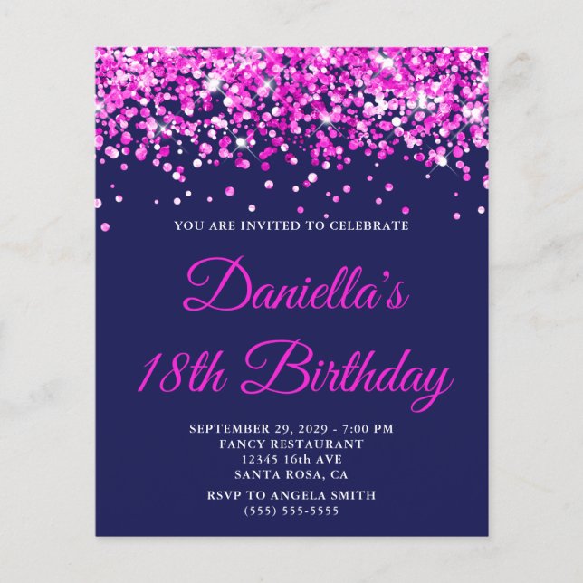 Papier Budget Hot Pink Glitter Navy 18th Birthday Invite (Devant)