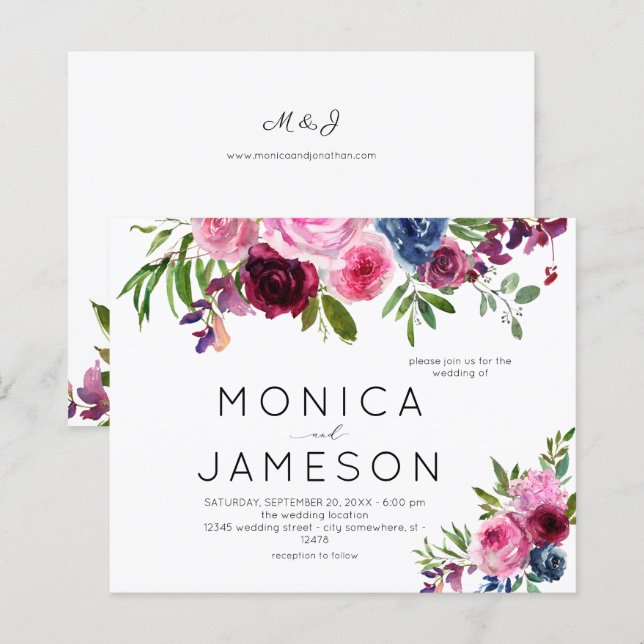 Papier Budget Hot rose et bleu marine Floral Mariage 2 (Devant / Derrière)