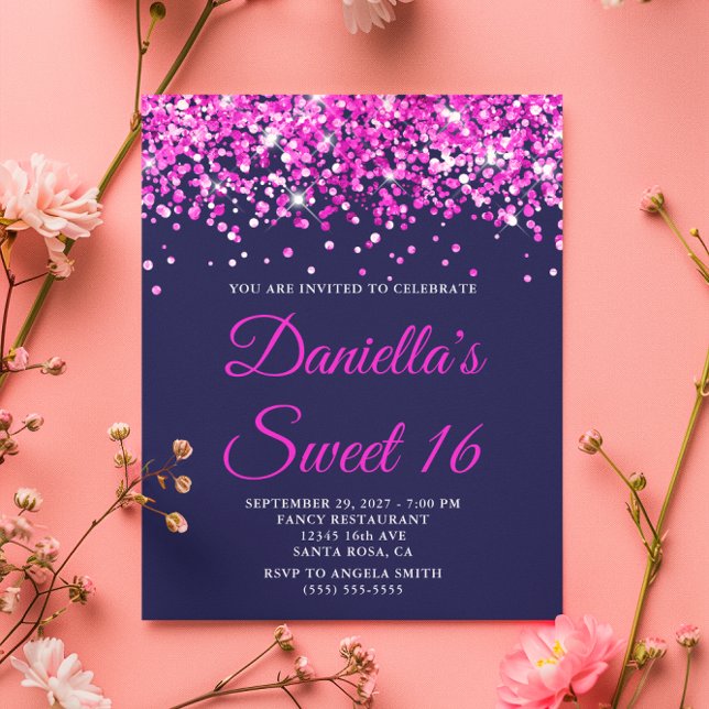 Papier Budget Hot rose Parties scintillant Marine Sweet 1 (Budget Hot Pink Glitter Navy Sweet 16 Invite)