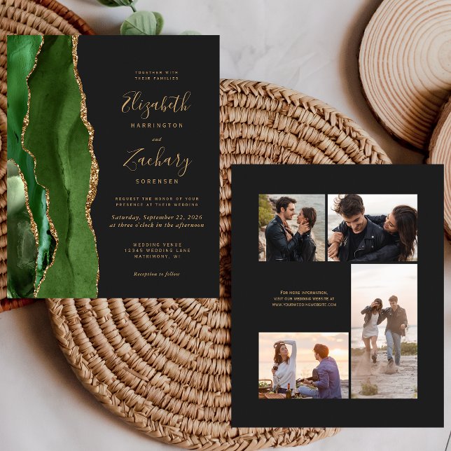 Papier Budget Hunter Green Dark 4-Photo Wedding Invite (Créateur téléchargé)