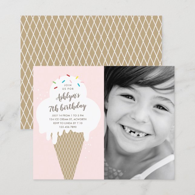 Papier Budget Ice crème cône anniversaire de enfant invit (Devant / Derrière)