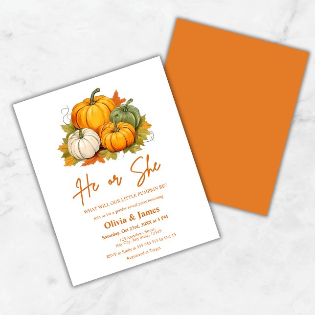 Papier Budget Il ou Elle Tombe Citrouille Genre Reveillez (Budget He or She Fall Pumpkin Gender Reveal Party Invitation )