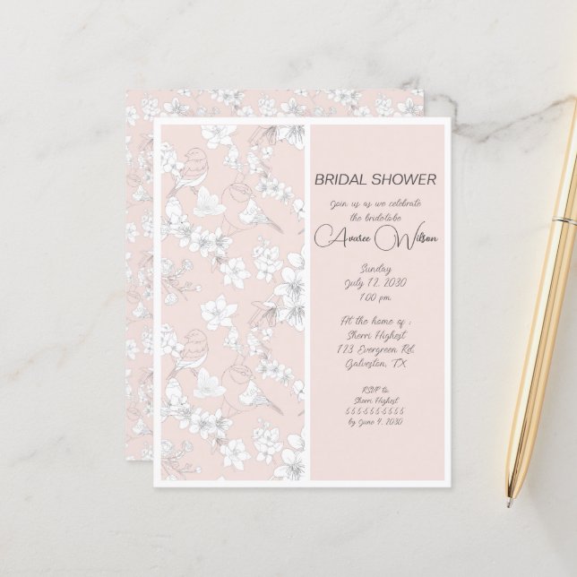 Papier BUDGET Invitation à la douche Oiseaux roses et bla (Devant/Arrière en situation)