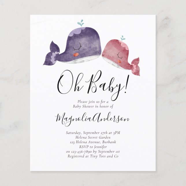 Papier BUDGET Invitation Baby shower de baleine rose (Devant)