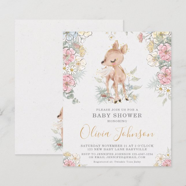 Papier BUDGET Invitation Baby shower floral de cerfs de b (Devant / Derrière)