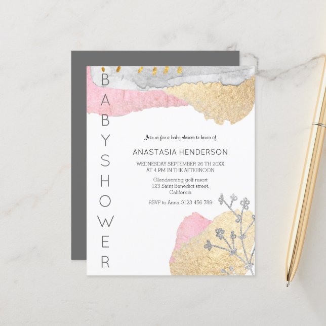 Papier Budget Invitation Baby shower simple. (Devant/Arrière en situation)