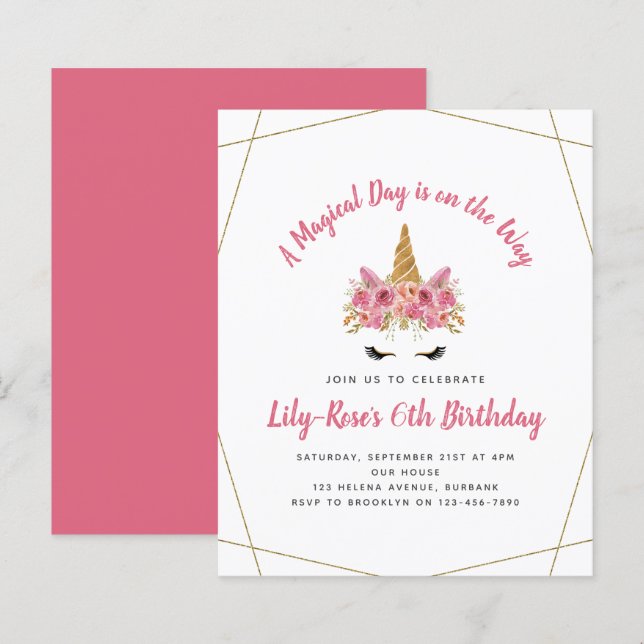 Papier BUDGET Invitation d'anniversaire | Floral Unicorn  (Devant / Derrière)