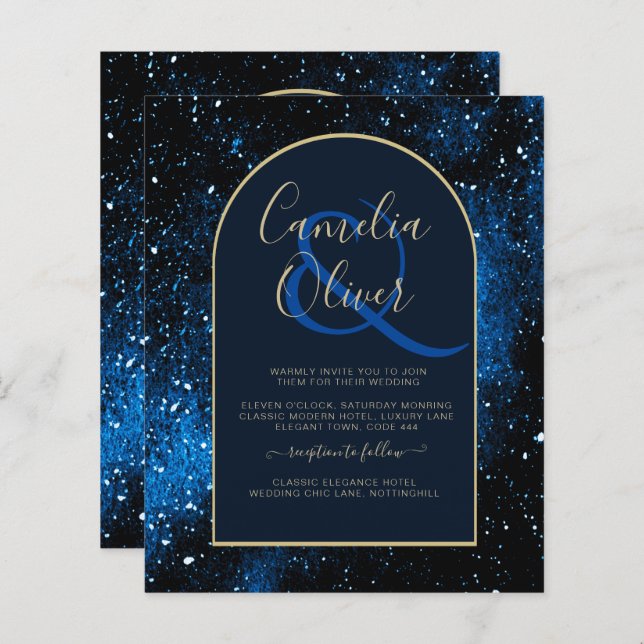 Papier BUDGET Invitation de mariage bleu nuit étoilé or (Devant / Derrière)