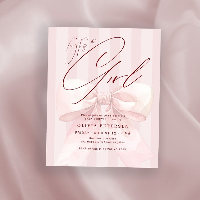 Papier Budget its a girl pink bow baby shower invitation (Créateur téléchargé)