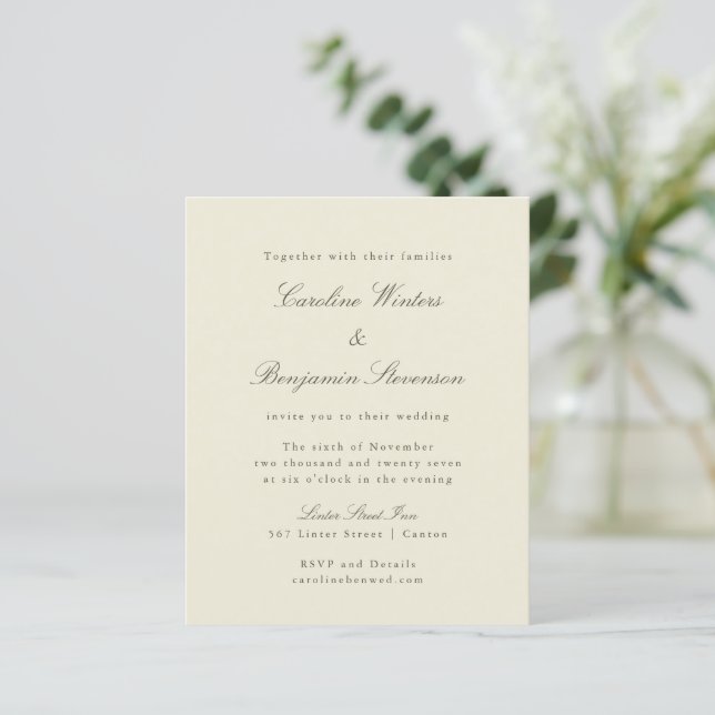 Papier Budget Ivory Olive Élégant Mariage Invitation (Debout devant)