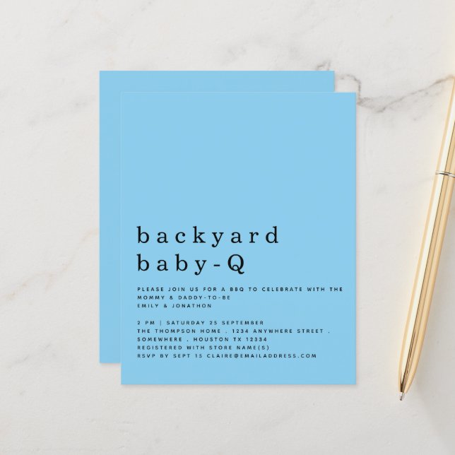 Papier Budget Jardin Bleu Bébé Q BBQ Douche Invitation (Devant/Arrière en situation)