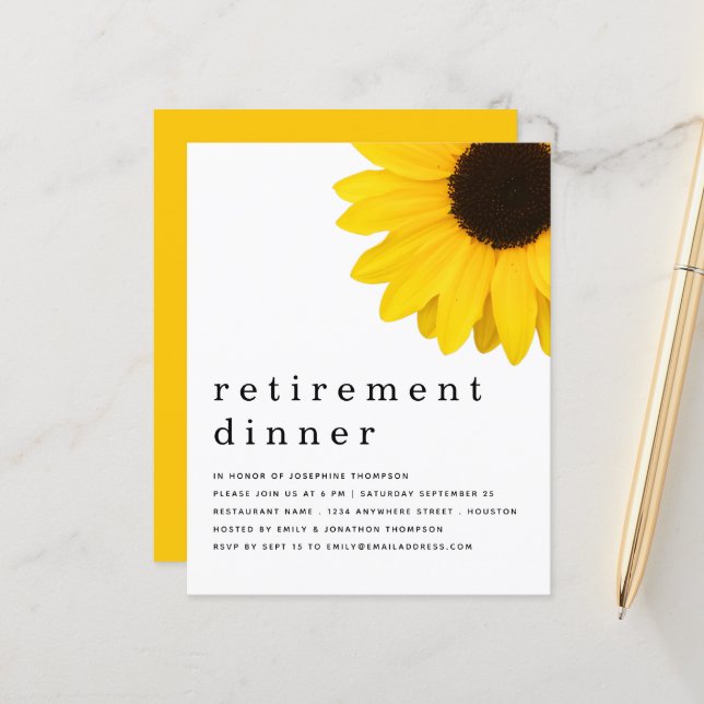 Papier Budget Jaune Tournesol Retraite Dîner Invitation (Devant/Arrière en situation)
