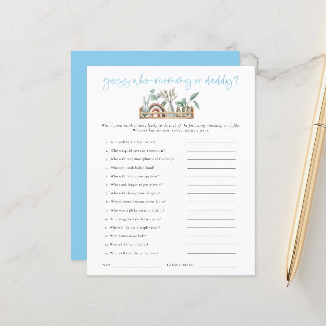Papier Budget Jeu Devinez Qui Maman Papa Baby shower Bleu (Devant/Arrière en situation)