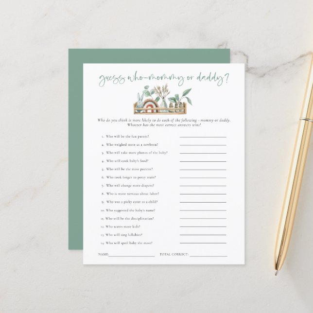 Papier Budget Jeu Devinez Qui Maman Papa Sage Baby shower (Devant/Arrière en situation)