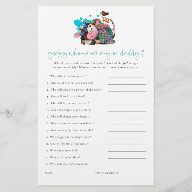 Papier Budget Jeu Devinez Qui Maman Papa Vache Baby showe (Devant)