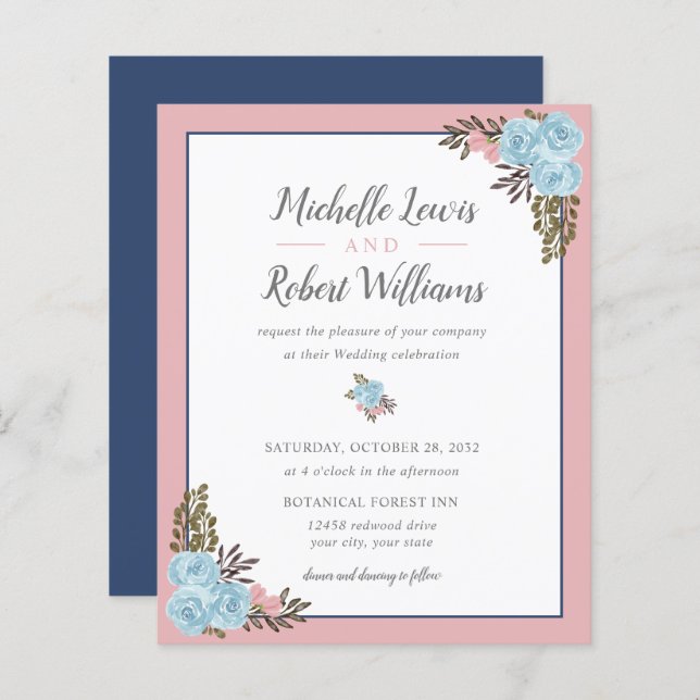 Papier BUDGET Joli mariage floral bleu rose marine (Devant / Derrière)