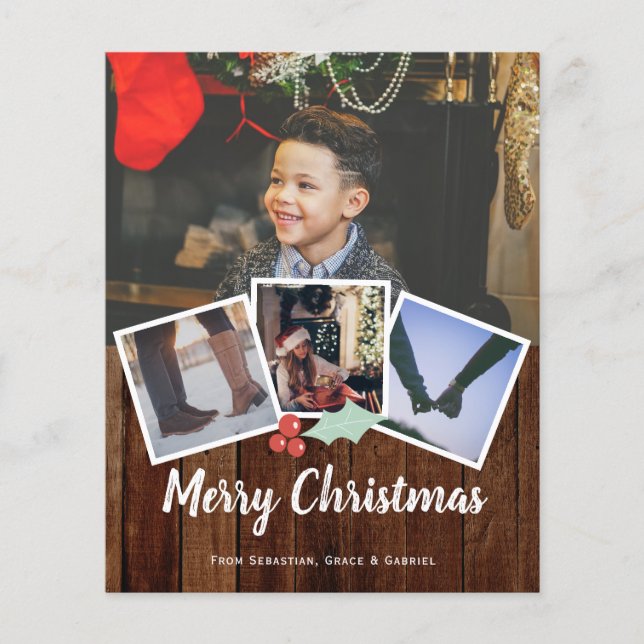 Papier BUDGET Joyeux Noël Photo Rustique Holly Et Bois (Devant)