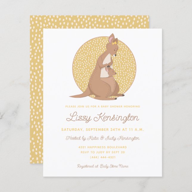 Papier Budget Kangaroo Yellow Baby shower Invitation (Devant / Derrière)