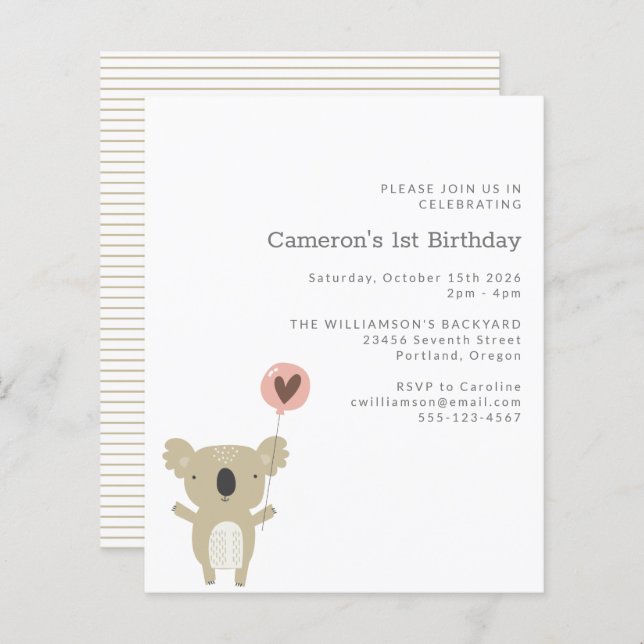 Papier Budget Koala Bear Simple 1er anniversaire Invitati (Devant / Derrière)