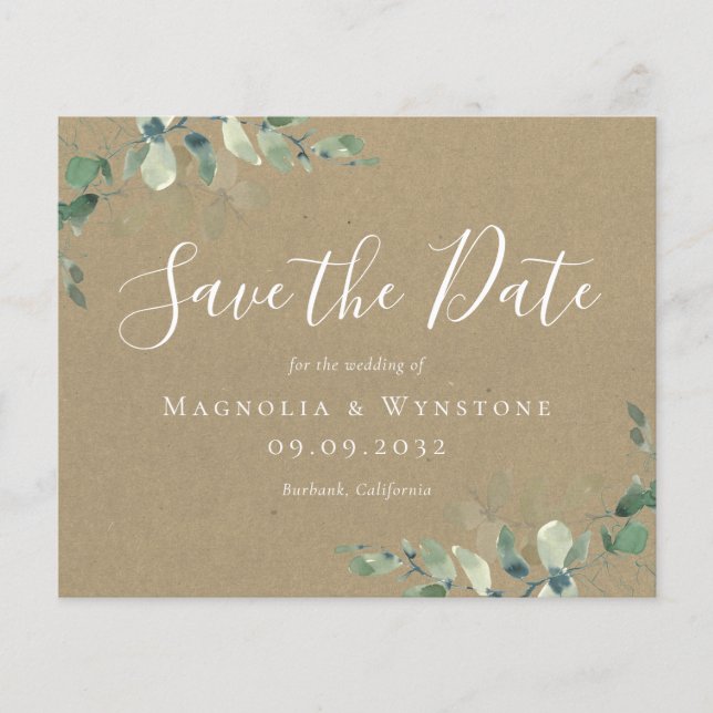 Papier BUDGET Kraft Eucalyptus Mariage Enregistrer La Dat (Devant)