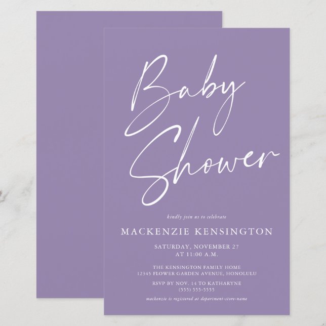 Papier Budget Lavender Purple Simple Script Baby shower (Devant / Derrière)