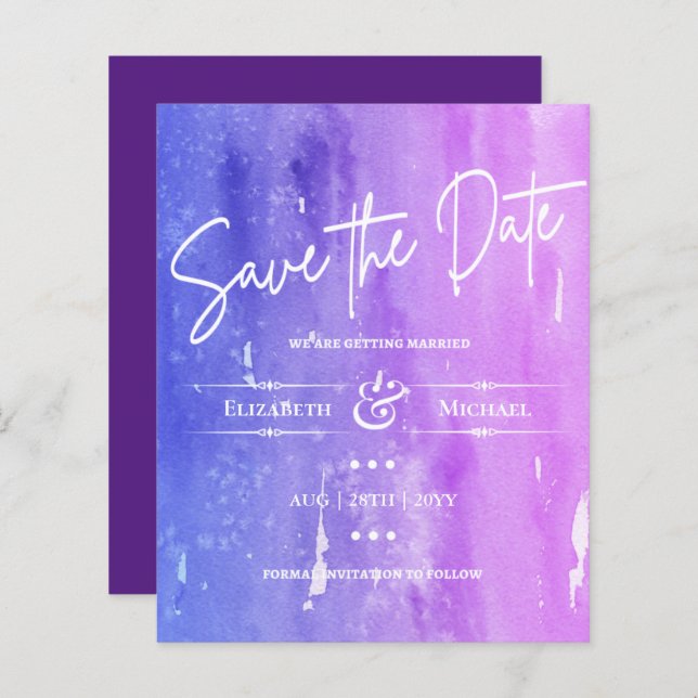 Papier BUDGET LeahG Enregistrer La Date Aquarelle Purple (Devant / Derrière)