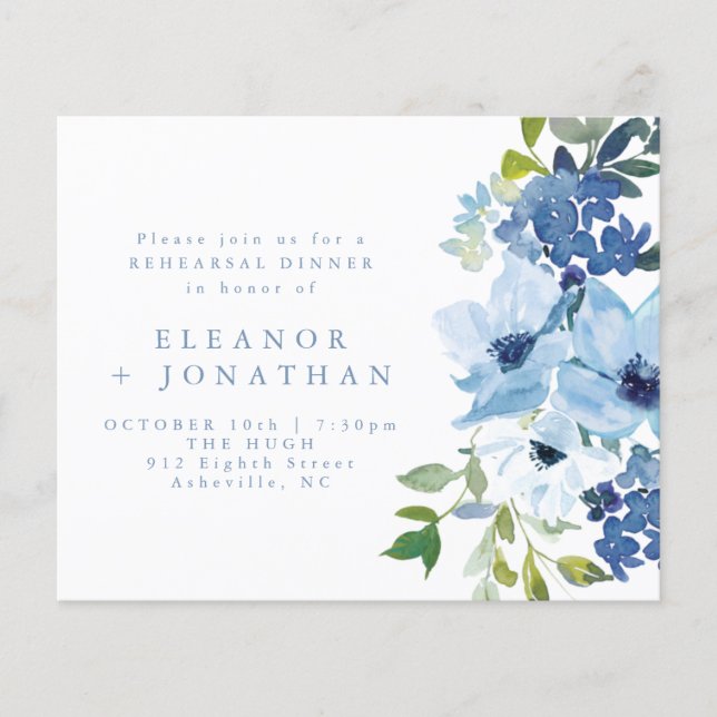 Papier Budget Léger Bleu Floral Répétition Invitation (Devant)