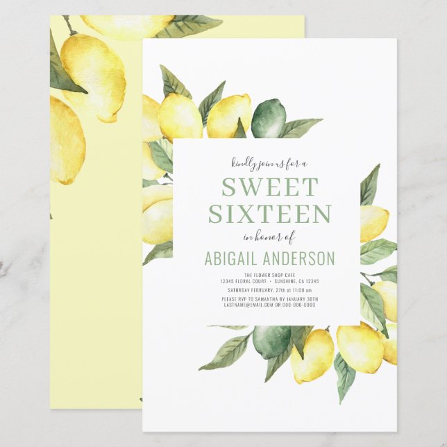 Papier Budget Lemon Sweet sixteen Invitation d'anniversai (Devant / Derrière)