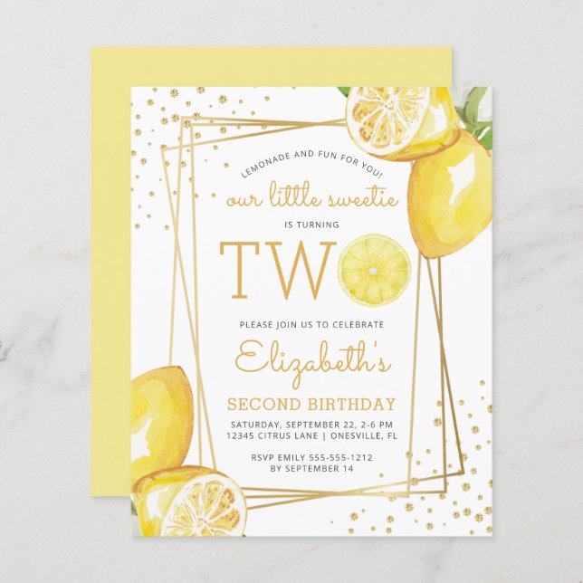 Papier Budget Lemon Watercolor 2e anniversaire Invitation (Devant / Derrière)