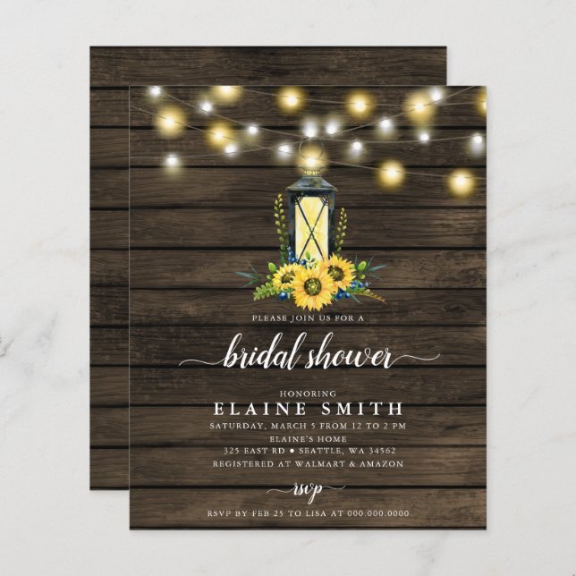 Papier Budget Lights Sunflowers Invitation de douche nupt (Devant / Derrière)