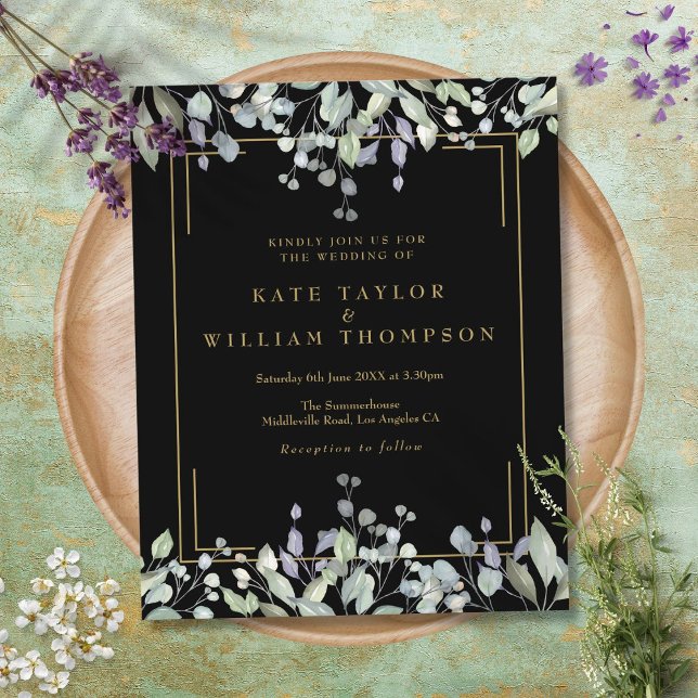 Papier Budget Lilac Floral Black Gold Faire-part de maria (Budget Lilac Floral Black Gold Wedding Invitation)