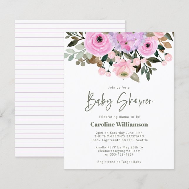 Papier Budget Lilac rose floral mignonne Baby shower Invi (Devant / Derrière)