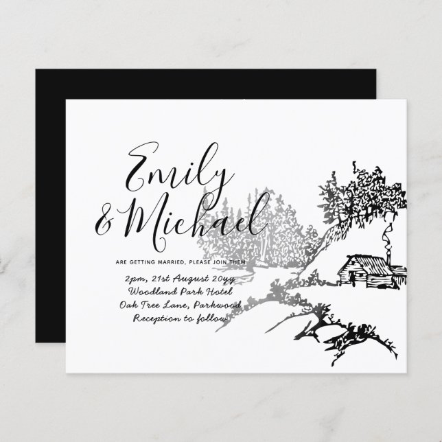Papier Budget Lineart Cabine à Woods Mariage Invitation (Devant / Derrière)