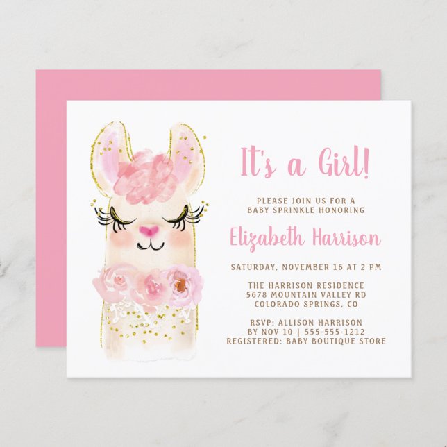 Papier Budget Llama rose Baby Girl Sprinkle Invitation (Devant / Derrière)