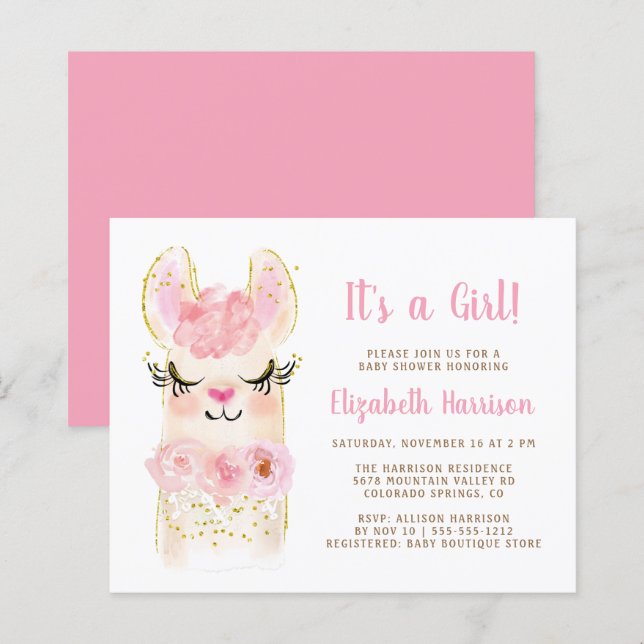 Papier Budget Llama rose bébé fille douche Invitation (Devant / Derrière)